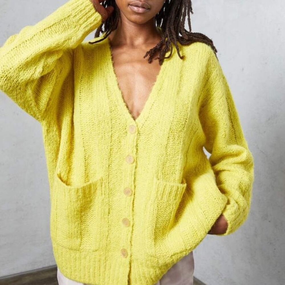 Raquel Allegra 2 Boyfriend Chunky Ribbed Knit Alpaca Wool Blend Cardigan Sweater